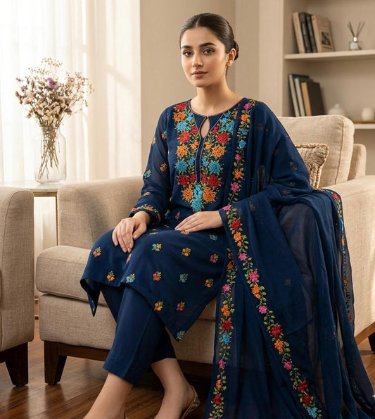 Soft Crinkle Chiffon 2 Piece Suit – Handmade Ribbon Work Shirt with 4-Side Border Dupatta | Women's Party Wear