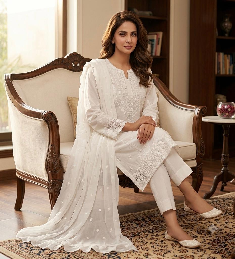Lawn Collection 3 Piece Dress – Kashmiri Heavy Embroidered Kurta with Handmade Chiffon Dupatta | Women's Premium Suit