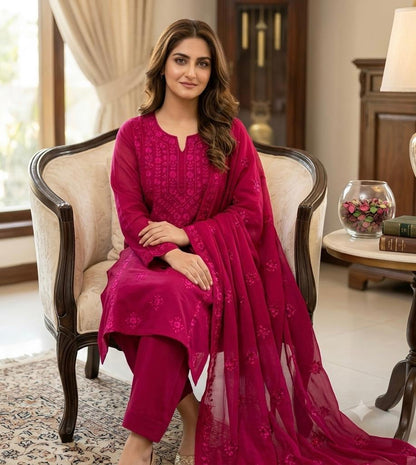 Lawn Collection 3 Piece Dress – Kashmiri Heavy Embroidered Kurta with Handmade Chiffon Dupatta | Women's Premium Suit