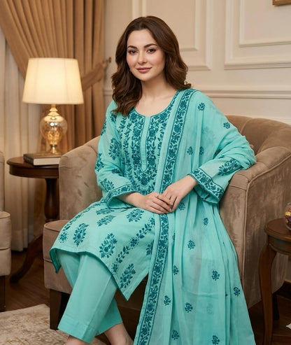 Lawn Collection 3 Piece Dress – Kashmiri Heavy Embroidered Kurta with Handmade Chiffon Dupatta | Women's Premium Suit