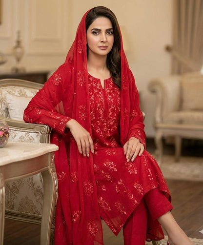 Lawn Collection 3 Piece Dress – Kashmiri Heavy Embroidered Kurta with Handmade Chiffon Dupatta | Women's Premium Suit