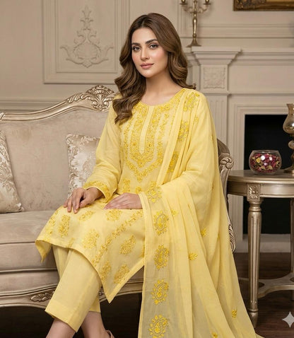 Lawn Collection 3 Piece Dress – Kashmiri Heavy Embroidered Kurta with Handmade Chiffon Dupatta | Women's Premium Suit