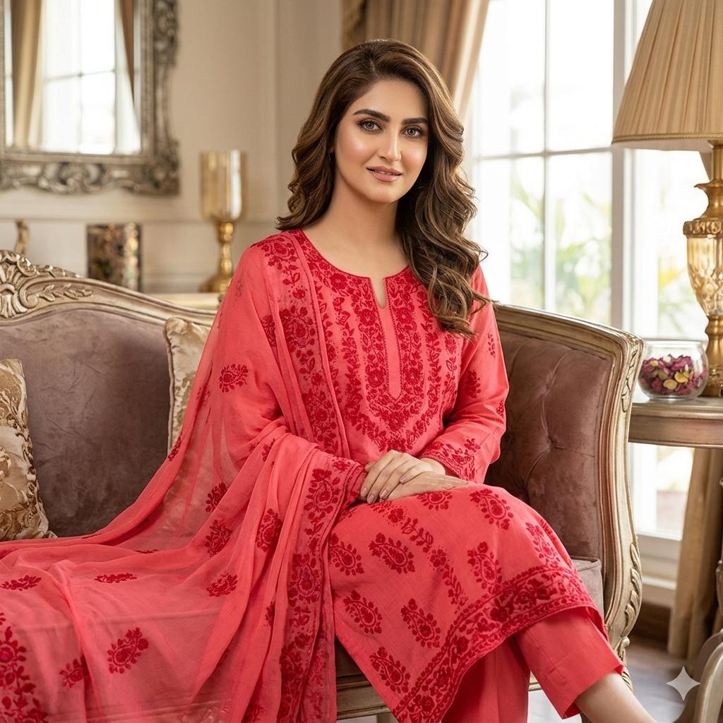 Lawn Collection 3 Piece Dress – Kashmiri Heavy Embroidered Kurta with Handmade Chiffon Dupatta | Women's Premium Suit