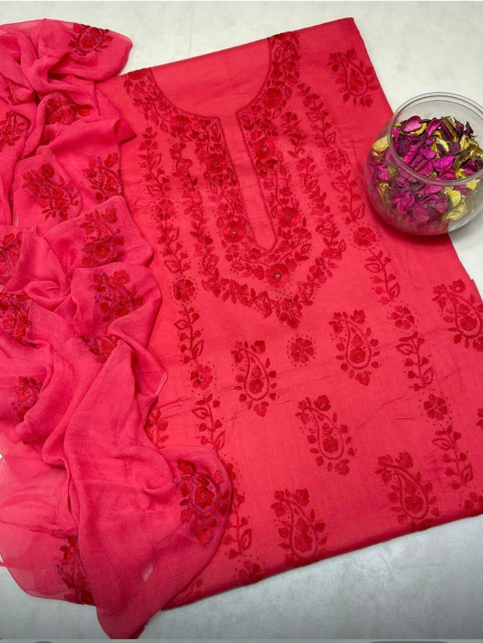 Lawn Collection 3 Piece Dress – Kashmiri Heavy Embroidered Kurta with Handmade Chiffon Dupatta | Women's Premium Suit