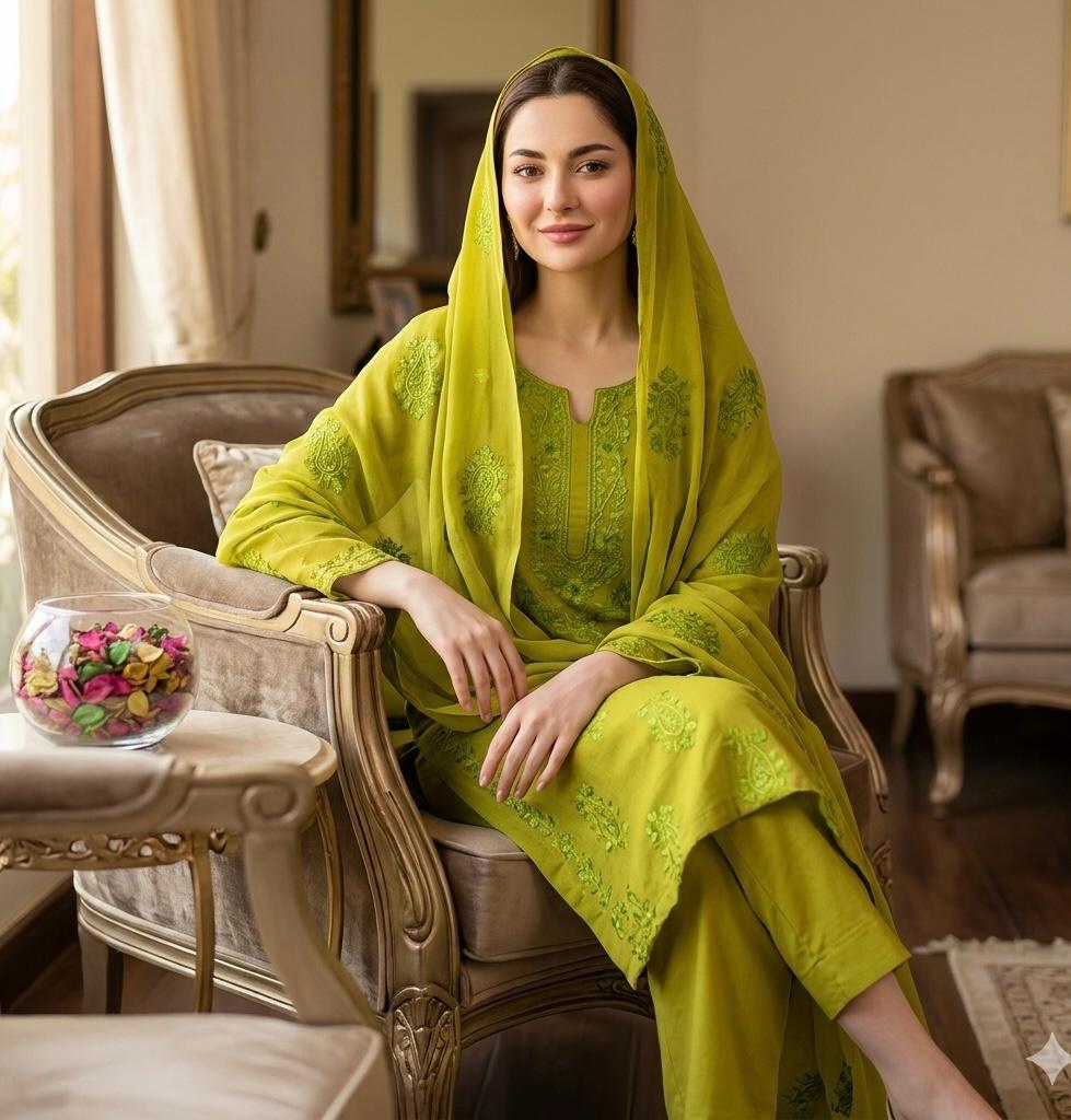 Lawn Collection 3 Piece Dress – Kashmiri Heavy Embroidered Kurta with Handmade Chiffon Dupatta | Women's Premium Suit