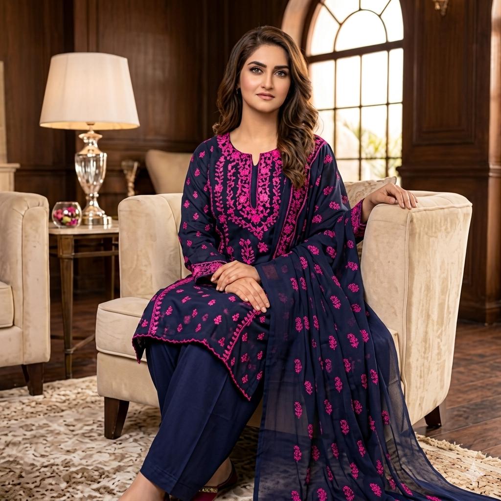 Lawn Collection 3 Piece Dress – Kashmiri Heavy Embroidered Kurta with Handmade Chiffon Dupatta | Women's Premium Suit
