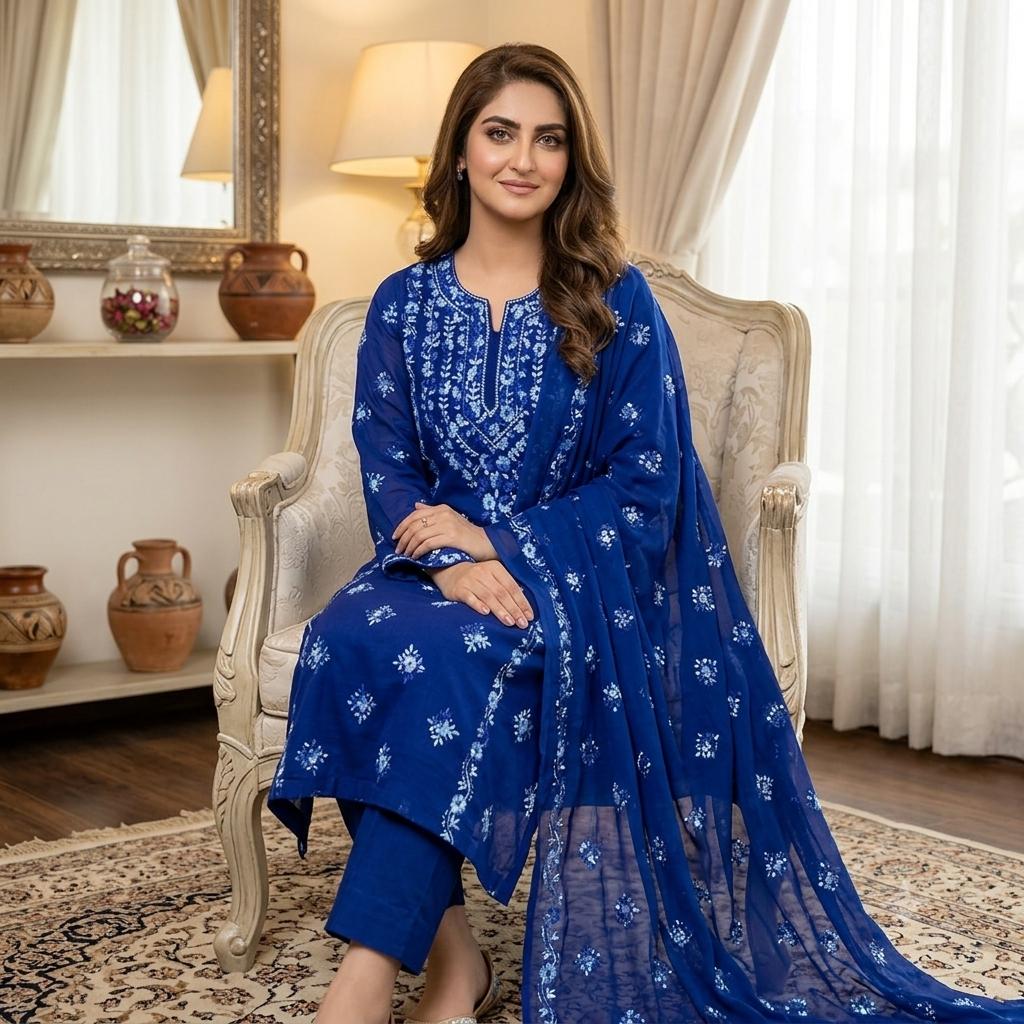 Lawn Collection 3 Piece Dress – Kashmiri Heavy Embroidered Kurta with Handmade Chiffon Dupatta | Women's Premium Suit