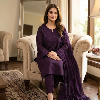 Lawn Collection 3 Piece Dress – Kashmiri Heavy Embroidered Kurta with Handmade Chiffon Dupatta | Women's Premium Suit