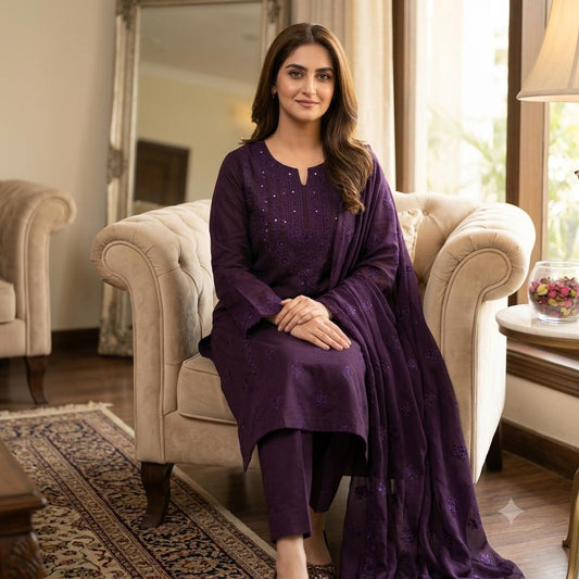 Lawn Collection 3 Piece Dress – Kashmiri Heavy Embroidered Kurta with Handmade Chiffon Dupatta | Women's Premium Suit