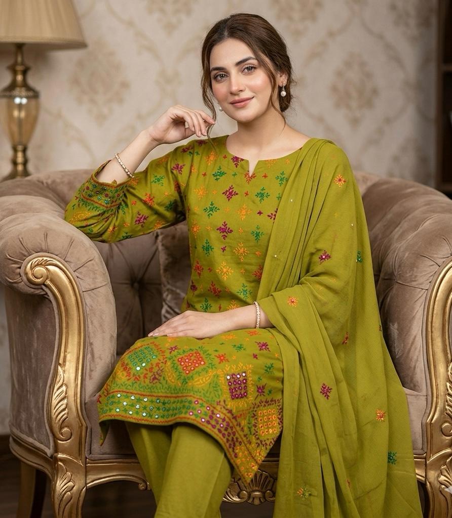 Lawn Collection 3 Piece Dress – Afghani Mirror Work Shirt with Chiffon Dupatta | Premium Women's Summer Suit