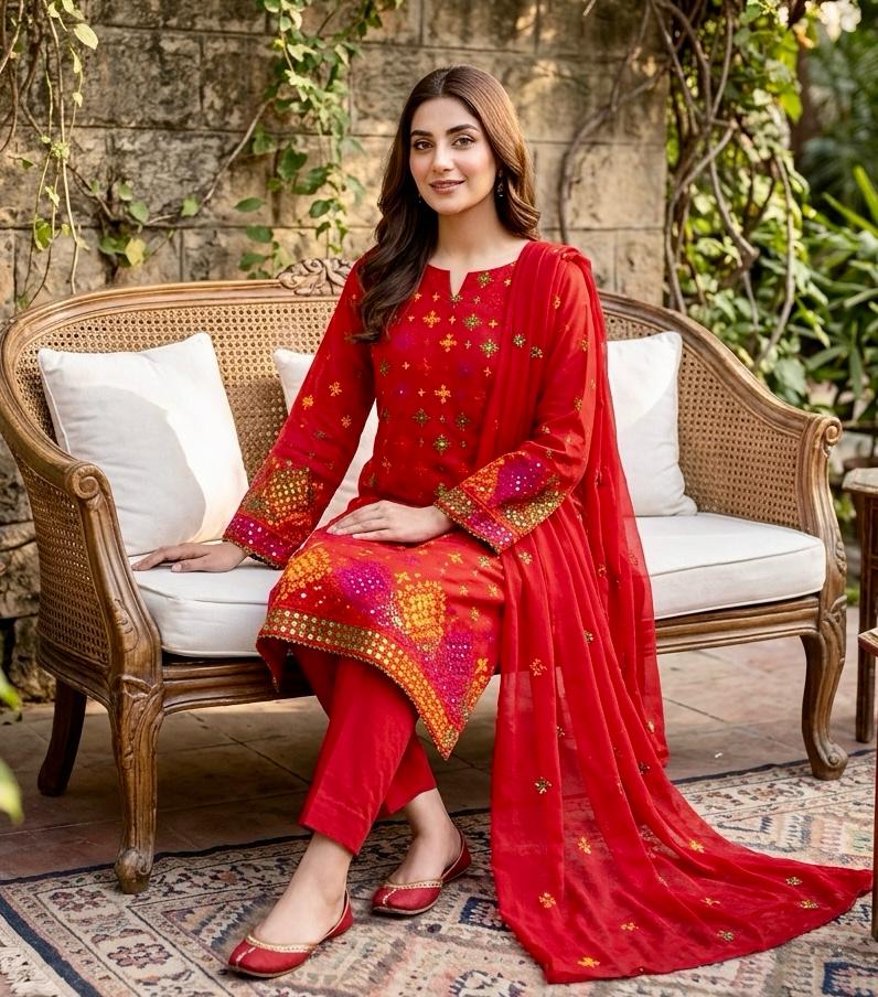 Lawn Collection 3 Piece Dress – Afghani Mirror Work Shirt with Chiffon Dupatta | Premium Women's Summer Suit