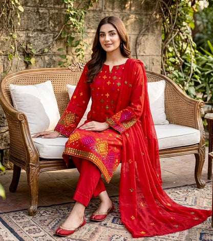 Lawn Collection 3 Piece Dress – Afghani Mirror Work Shirt with Chiffon Dupatta | Premium Women's Summer Suit