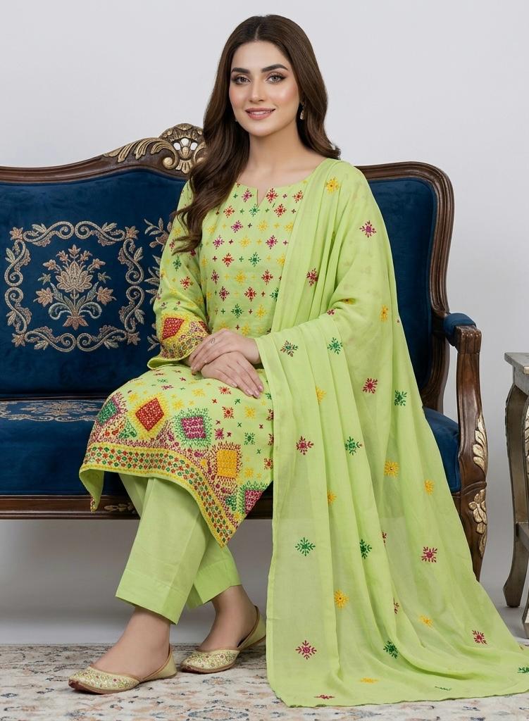 Lawn Collection 3 Piece Dress – Afghani Mirror Work Shirt with Chiffon Dupatta | Premium Women's Summer Suit