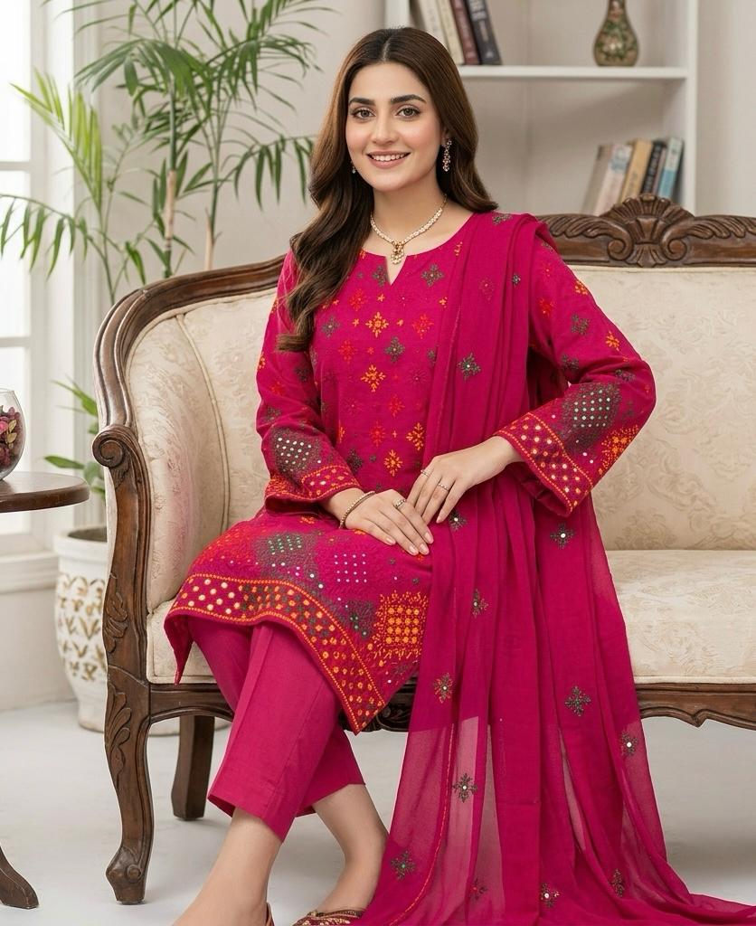 Lawn Collection 3 Piece Dress – Afghani Mirror Work Shirt with Chiffon Dupatta | Premium Women's Summer Suit