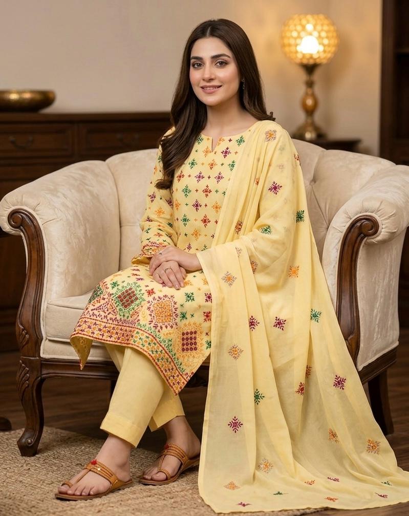 Lawn Collection 3 Piece Dress – Afghani Mirror Work Shirt with Chiffon Dupatta | Premium Women's Summer Suit