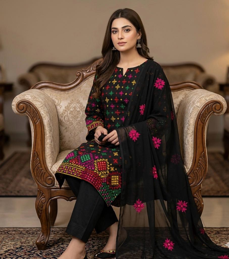 Lawn Collection 3 Piece Dress – Afghani Mirror Work Shirt with Chiffon Dupatta | Premium Women's Summer Suit