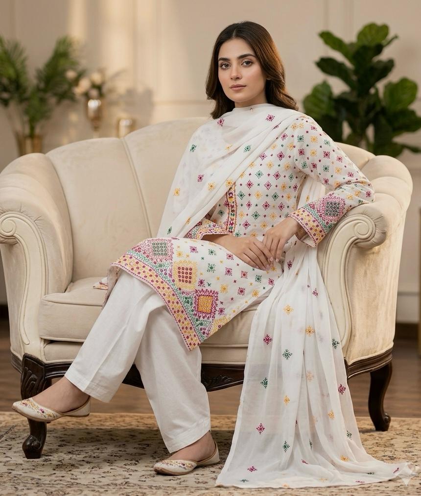 Lawn Collection 3 Piece Dress – Afghani Mirror Work Shirt with Chiffon Dupatta | Premium Women's Summer Suit