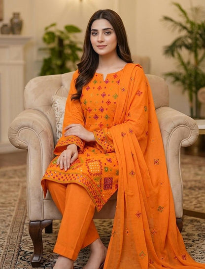 Lawn Collection 3 Piece Dress – Afghani Mirror Work Shirt with Chiffon Dupatta | Premium Women's Summer Suit