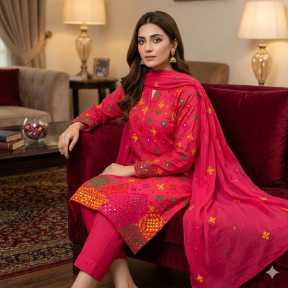 Lawn Collection 3 Piece Dress – Afghani Mirror Work Shirt with Chiffon Dupatta | Premium Women's Summer Suit