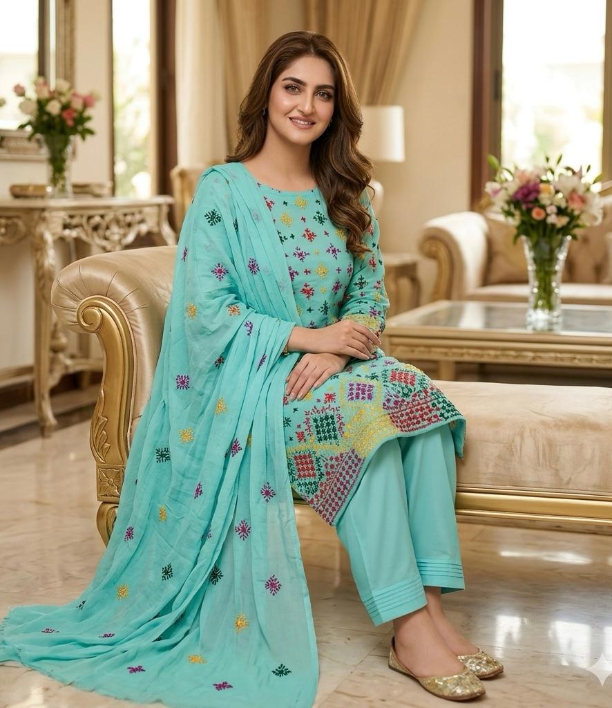 Lawn Collection 3 Piece Dress – Afghani Mirror Work Shirt with Chiffon Dupatta | Premium Women's Summer Suit