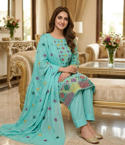 Lawn Collection 3 Piece Dress – Afghani Mirror Work Shirt with Chiffon Dupatta | Premium Women's Summer Suit
