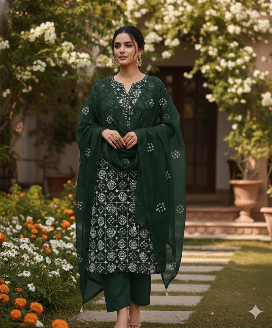Handmade Embroidered Soft Bamber Crinkle 2 Piece Suit – Original Sindhi Chawal Mirror Work with Embroidered Dupatta