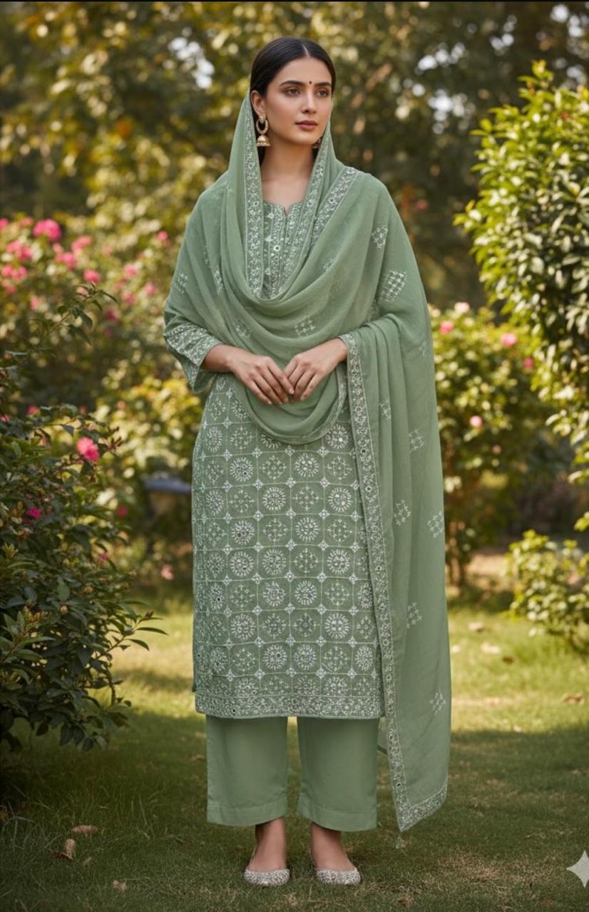 Handmade Embroidered Soft Bamber Crinkle 2 Piece Suit – Original Sindhi Chawal Mirror Work with Embroidered Dupatta
