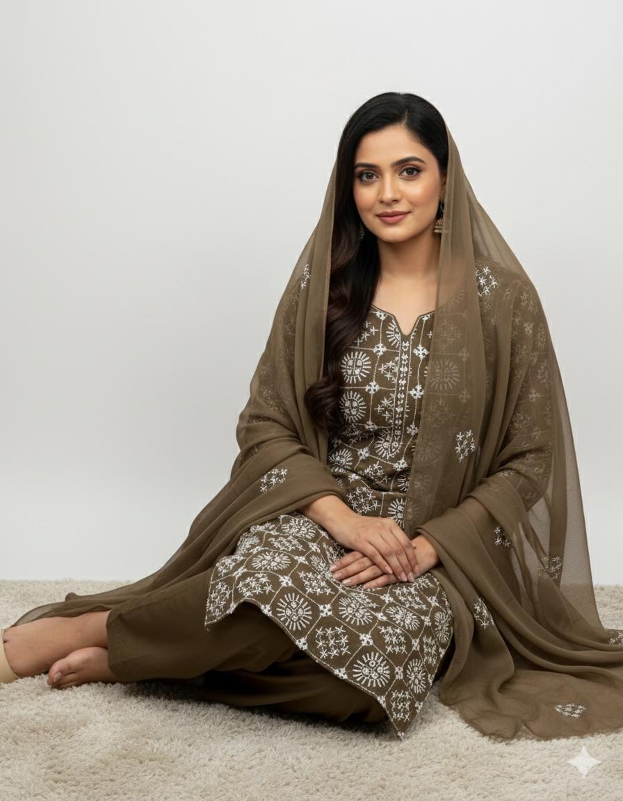 Handmade Embroidered Soft Bamber Crinkle 2 Piece Suit – Original Sindhi Chawal Mirror Work with Embroidered Dupatta