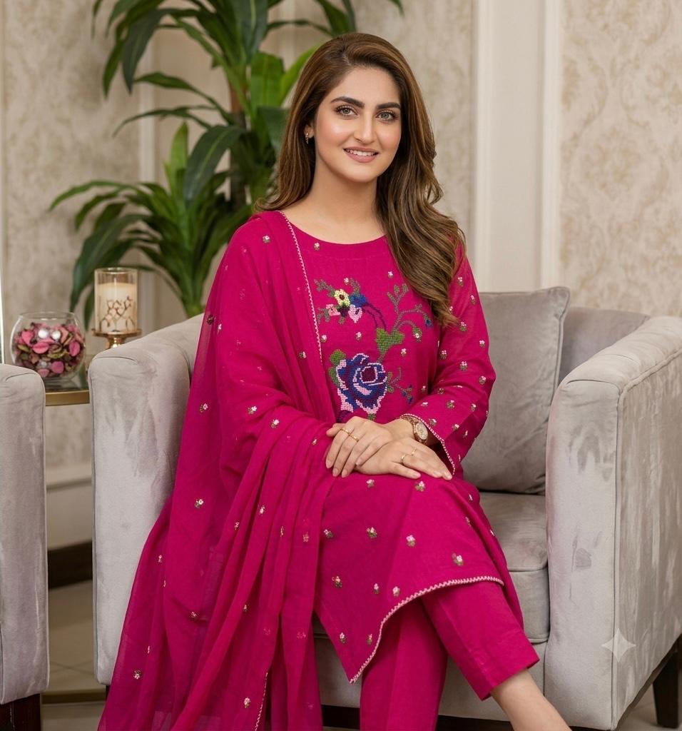 Lawn Collection 3 Piece Dress for Women – Cross Stitched Flower Boti Work Shirt with Chiffon Dupatta | Summer Collection