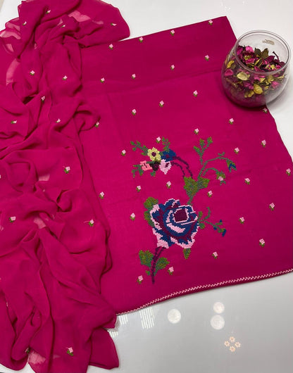 Lawn Collection 3 Piece Dress for Women – Cross Stitched Flower Boti Work Shirt with Chiffon Dupatta | Summer Collection