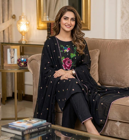 Lawn Collection 3 Piece Dress for Women – Cross Stitched Flower Boti Work Shirt with Chiffon Dupatta | Summer Collection