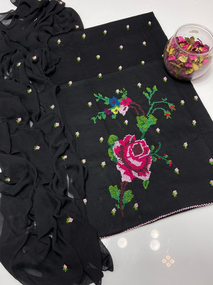 Lawn Collection 3 Piece Dress for Women – Cross Stitched Flower Boti Work Shirt with Chiffon Dupatta | Summer Collection