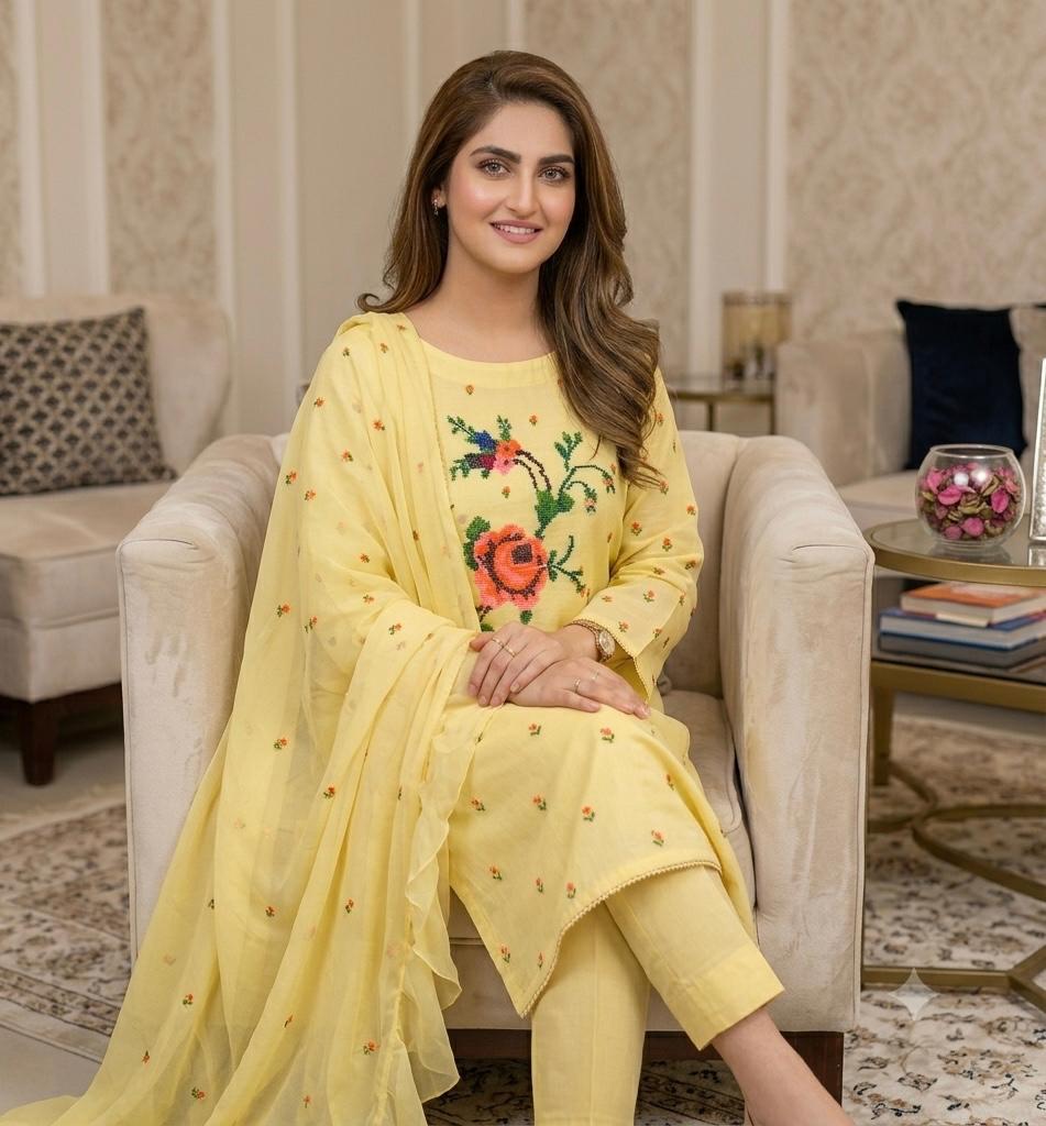 Lawn Collection 3 Piece Dress for Women – Cross Stitched Flower Boti Work Shirt with Chiffon Dupatta | Summer Collection