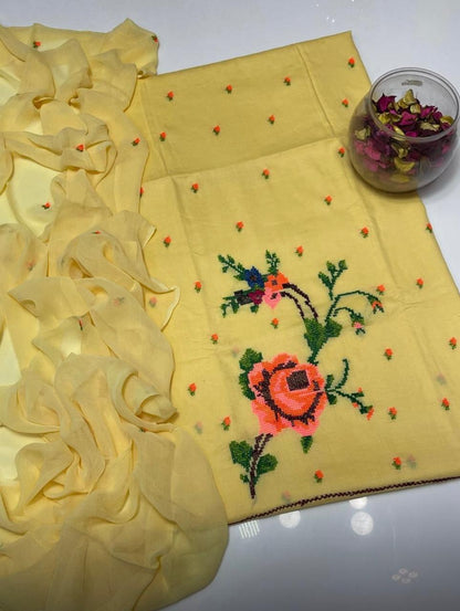 Lawn Collection 3 Piece Dress for Women – Cross Stitched Flower Boti Work Shirt with Chiffon Dupatta | Summer Collection