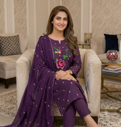Lawn Collection 3 Piece Dress for Women – Cross Stitched Flower Boti Work Shirt with Chiffon Dupatta | Summer Collection