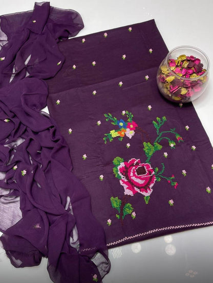 Lawn Collection 3 Piece Dress for Women – Cross Stitched Flower Boti Work Shirt with Chiffon Dupatta | Summer Collection