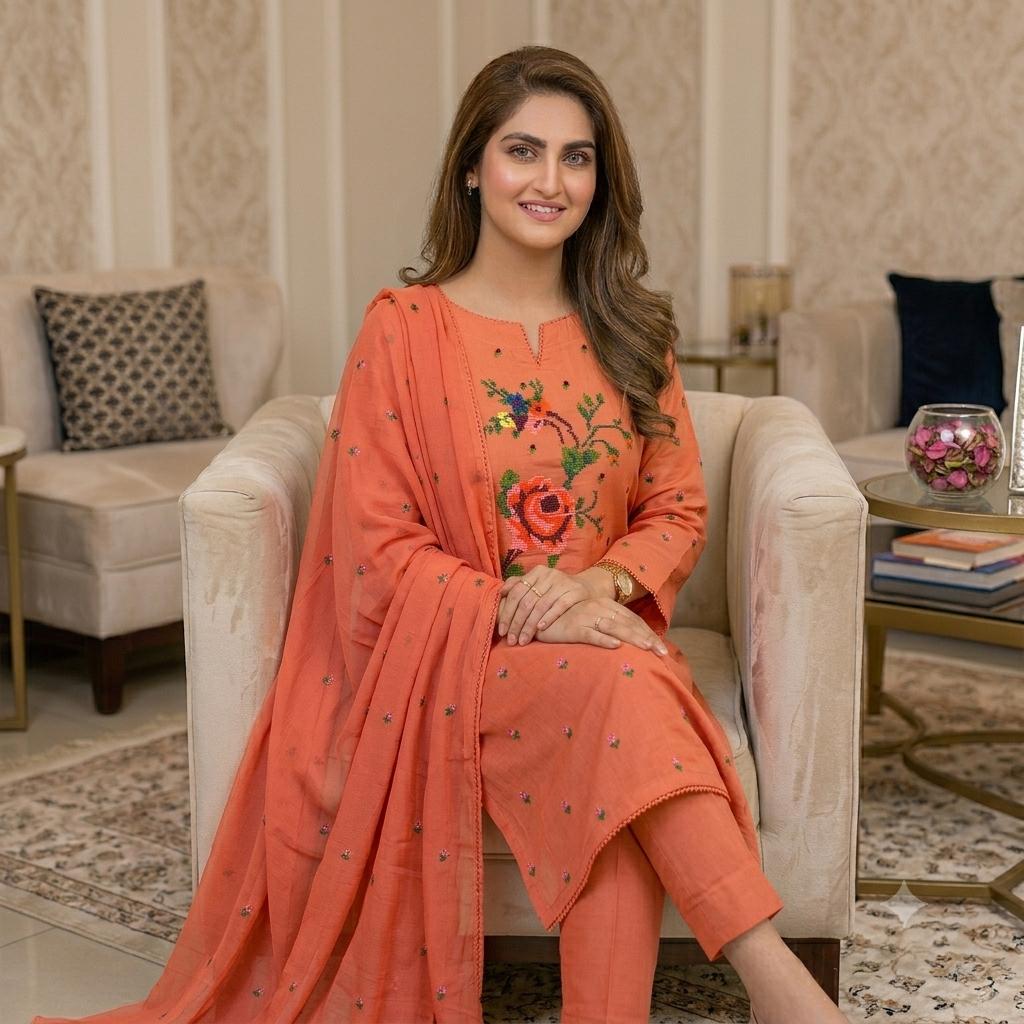 Lawn Collection 3 Piece Dress for Women – Cross Stitched Flower Boti Work Shirt with Chiffon Dupatta | Summer Collection