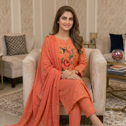 Lawn Collection 3 Piece Dress for Women – Cross Stitched Flower Boti Work Shirt with Chiffon Dupatta | Summer Collection
