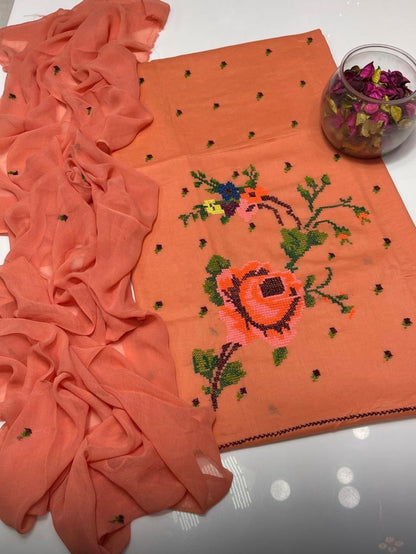 Lawn Collection 3 Piece Dress for Women – Cross Stitched Flower Boti Work Shirt with Chiffon Dupatta | Summer Collection