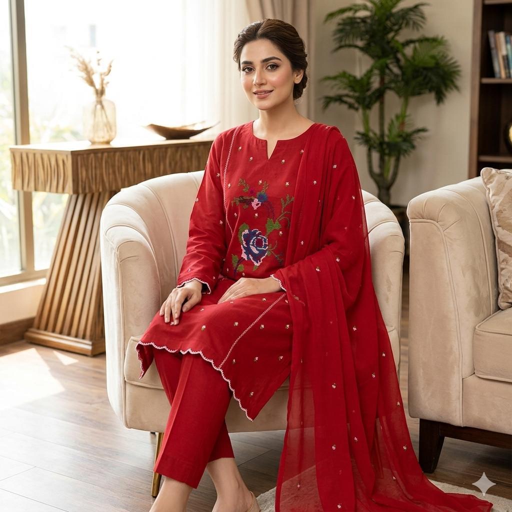 Lawn Collection 3 Piece Dress for Women – Cross Stitched Flower Boti Work Shirt with Chiffon Dupatta | Summer Collection