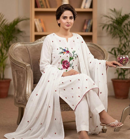 Lawn Collection 3 Piece Dress for Women – Cross Stitched Flower Boti Work Shirt with Chiffon Dupatta | Summer Collection