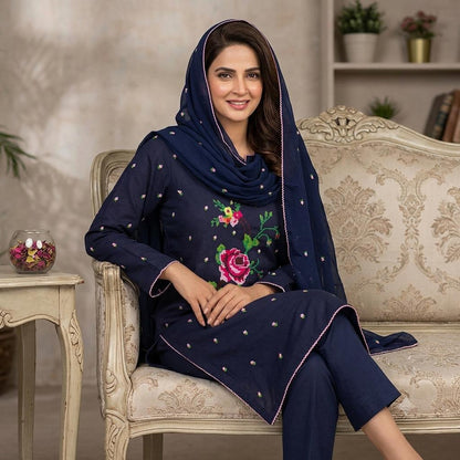 Lawn Collection 3 Piece Dress for Women – Cross Stitched Flower Boti Work Shirt with Chiffon Dupatta | Summer Collection