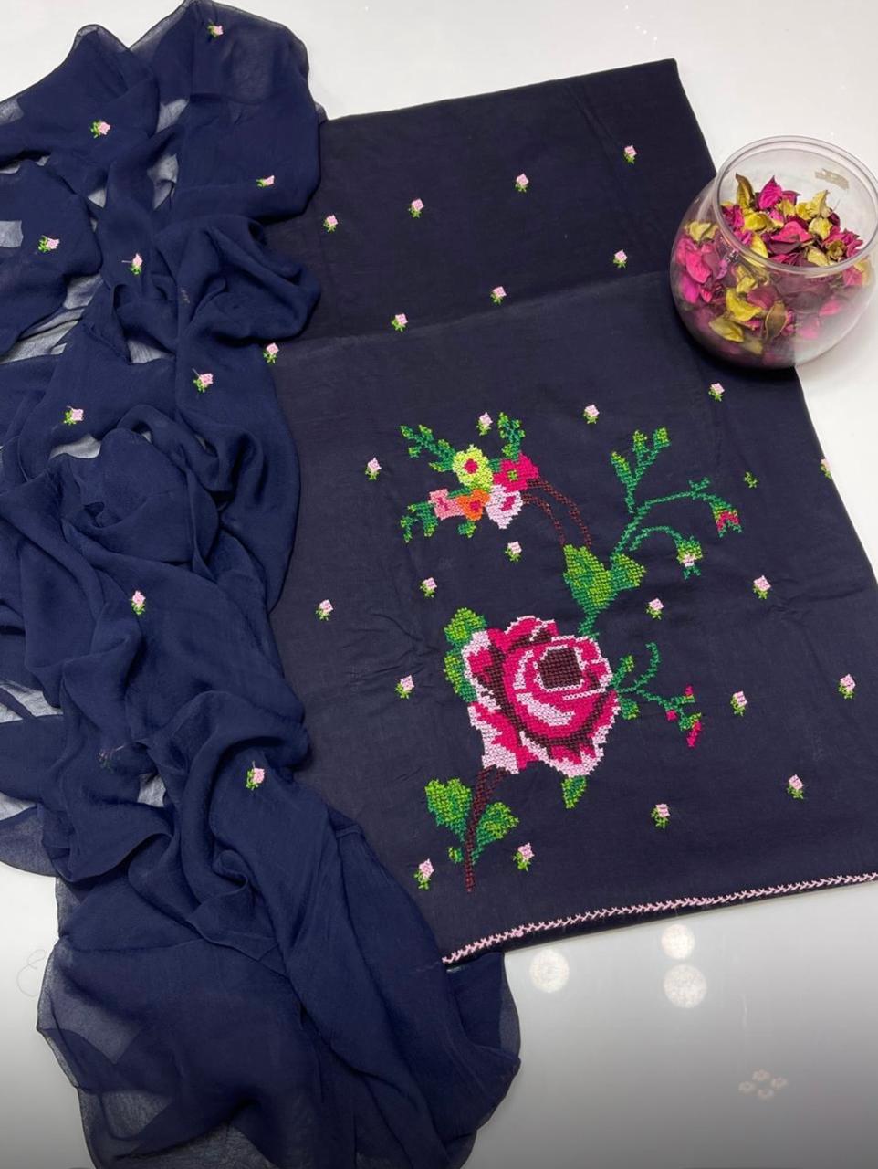 Lawn Collection 3 Piece Dress for Women – Cross Stitched Flower Boti Work Shirt with Chiffon Dupatta | Summer Collection