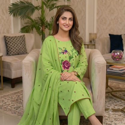 Lawn Collection 3 Piece Dress for Women – Cross Stitched Flower Boti Work Shirt with Chiffon Dupatta | Summer Collection