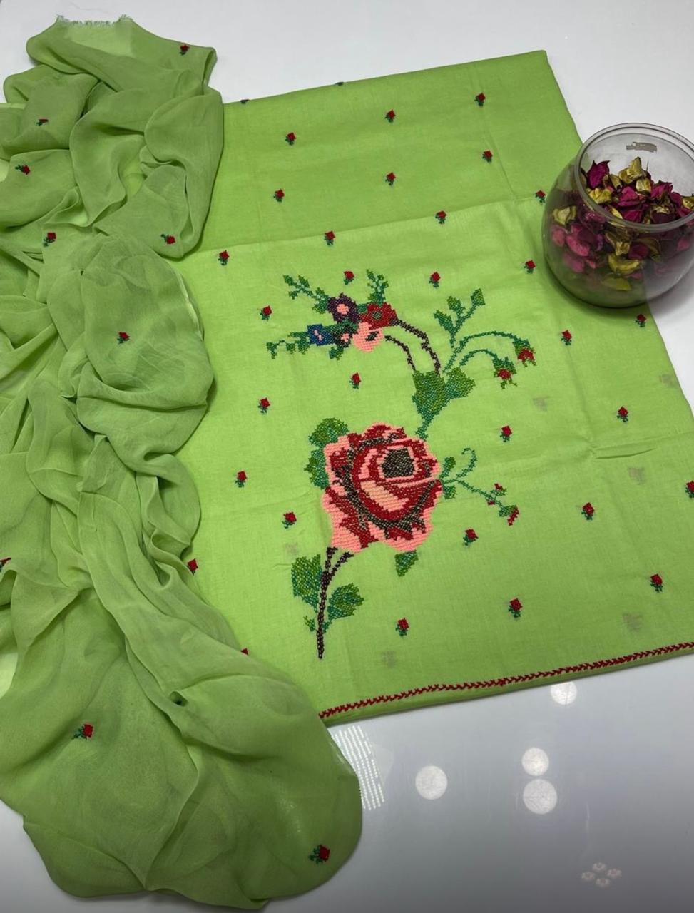 Lawn Collection 3 Piece Dress for Women – Cross Stitched Flower Boti Work Shirt with Chiffon Dupatta | Summer Collection