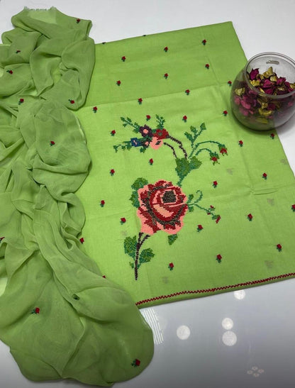 Lawn Collection 3 Piece Dress for Women – Cross Stitched Flower Boti Work Shirt with Chiffon Dupatta | Summer Collection