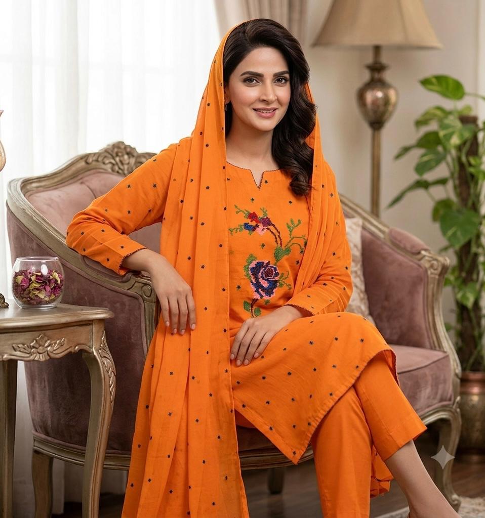 Lawn Collection 3 Piece Dress for Women – Cross Stitched Flower Boti Work Shirt with Chiffon Dupatta | Summer Collection