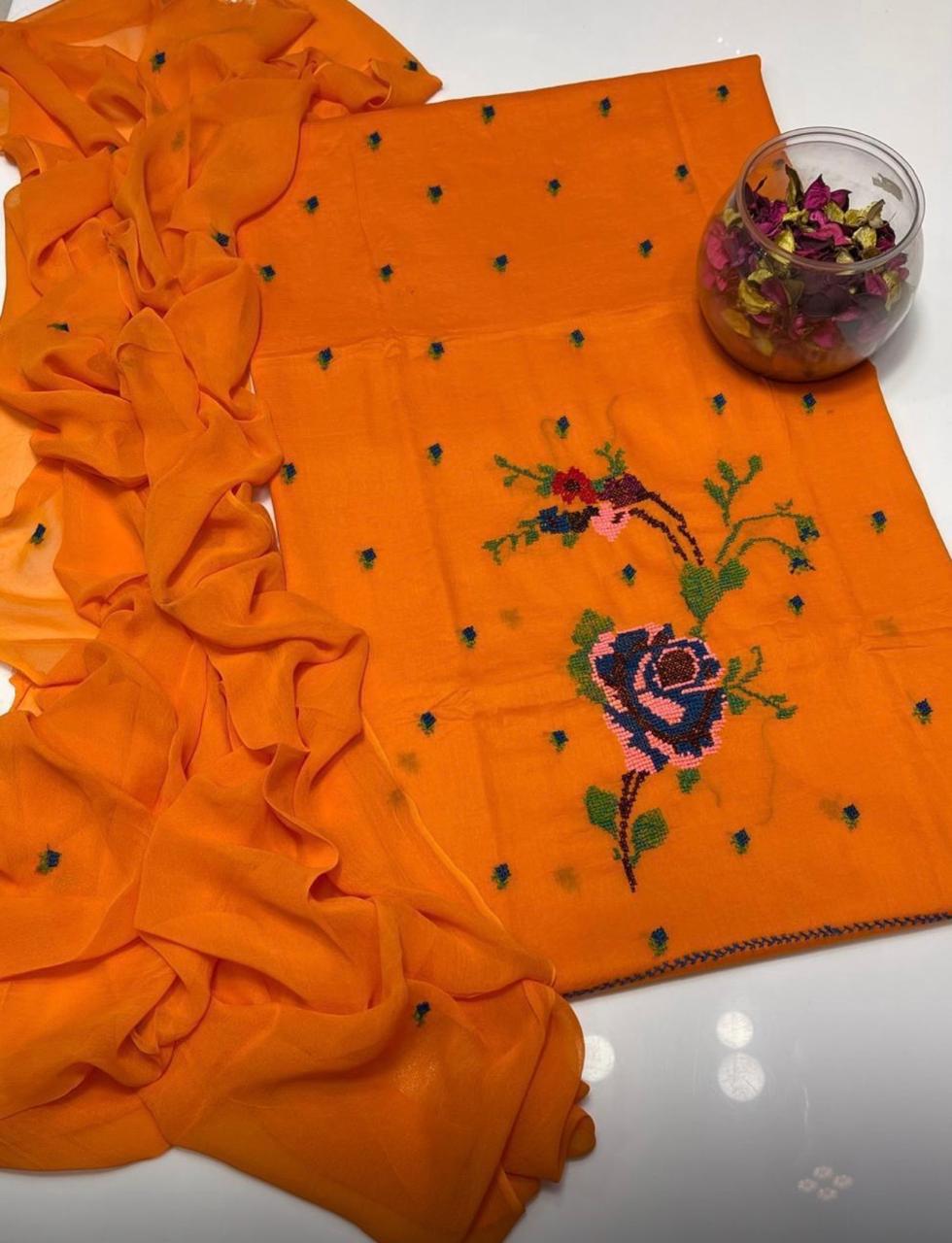 Lawn Collection 3 Piece Dress for Women – Cross Stitched Flower Boti Work Shirt with Chiffon Dupatta | Summer Collection