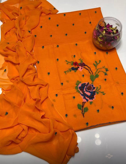 Lawn Collection 3 Piece Dress for Women – Cross Stitched Flower Boti Work Shirt with Chiffon Dupatta | Summer Collection