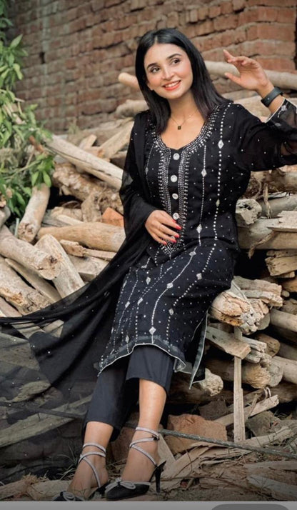 Soft Bamber Chiffon 2 Piece Dress for Women – Mukesh Kamdani Heavy Work Shirt & Dupatta | Elegant Party Wear